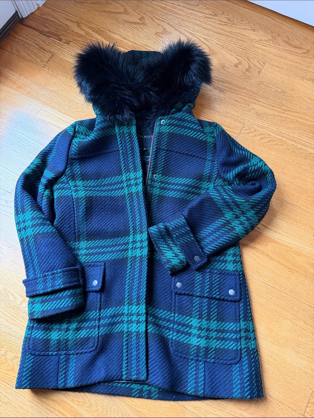 Talbot’s Women’s Green & Navy Plaid Hooded Coat with removable Faux-Fur Trim